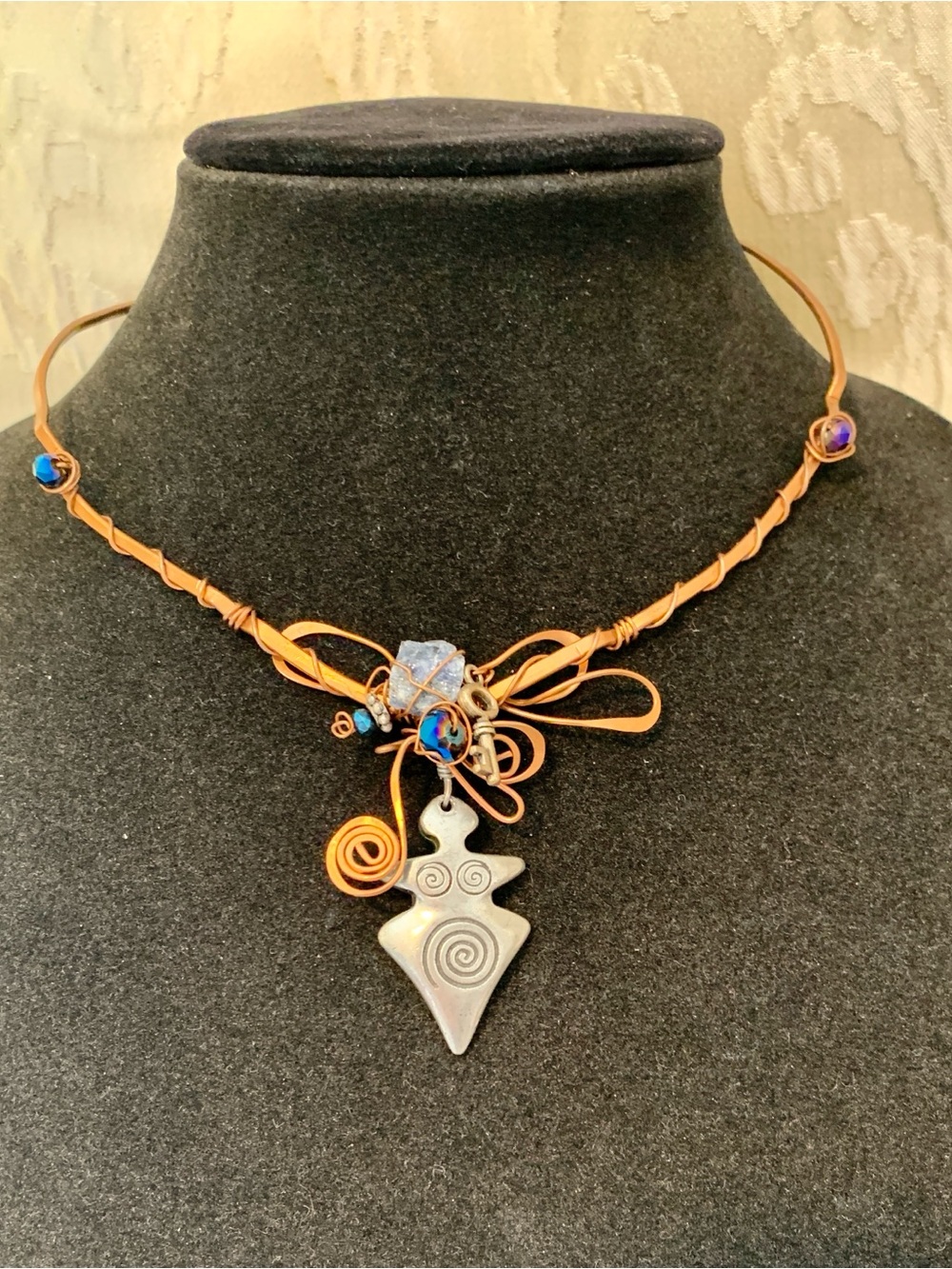 Artisan Copper Wire Necklace with Silver Goddess Pendant - Blue Accents
